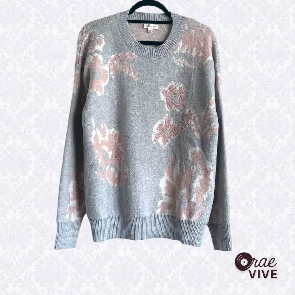Cotton Bleu Dusty Blue & Soft Pink Abstract Floral Sweater Women's Size S